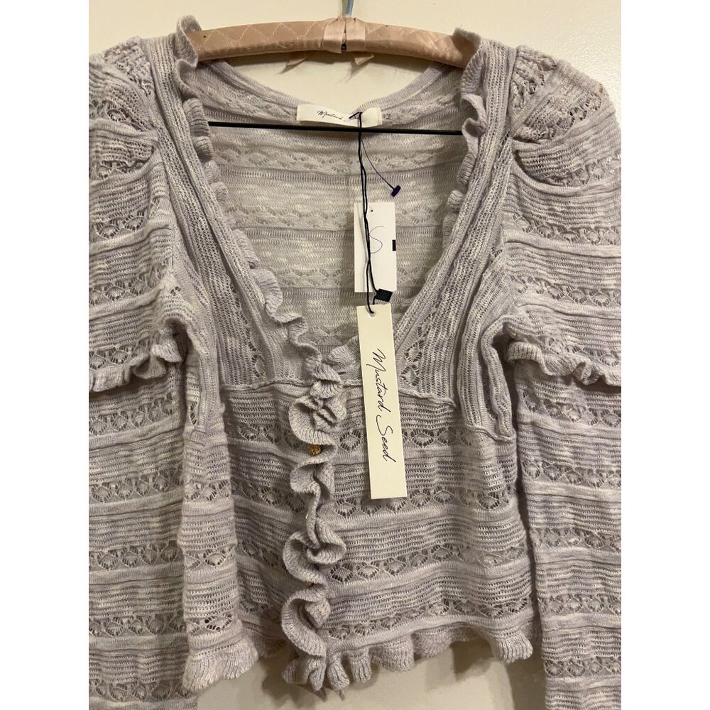 Mustard Seed NEW Ruffle Cardigan Sweater Size S Gray Knit Long Sleeve Cropped Bu - Picture 11 of 11